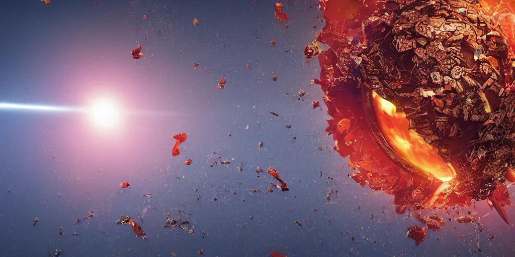 Image similar to shot from a distance of 2 5 0 million miles. a highly accurate depiction of earth slowly broken open, exploding, and pieces are floating apart. the earth is being attacked by an unbelievably huge sentient space florida crab descendants. dramatic lighting, highly coherent, highly detailed, epic, digital art, valerian, silent running, fifth element, octane 3 d render.