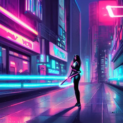 Prompt: a girl holding a lightsaber in a neon cyberpunk city at night, art station, digital art, cinematic, artgerm