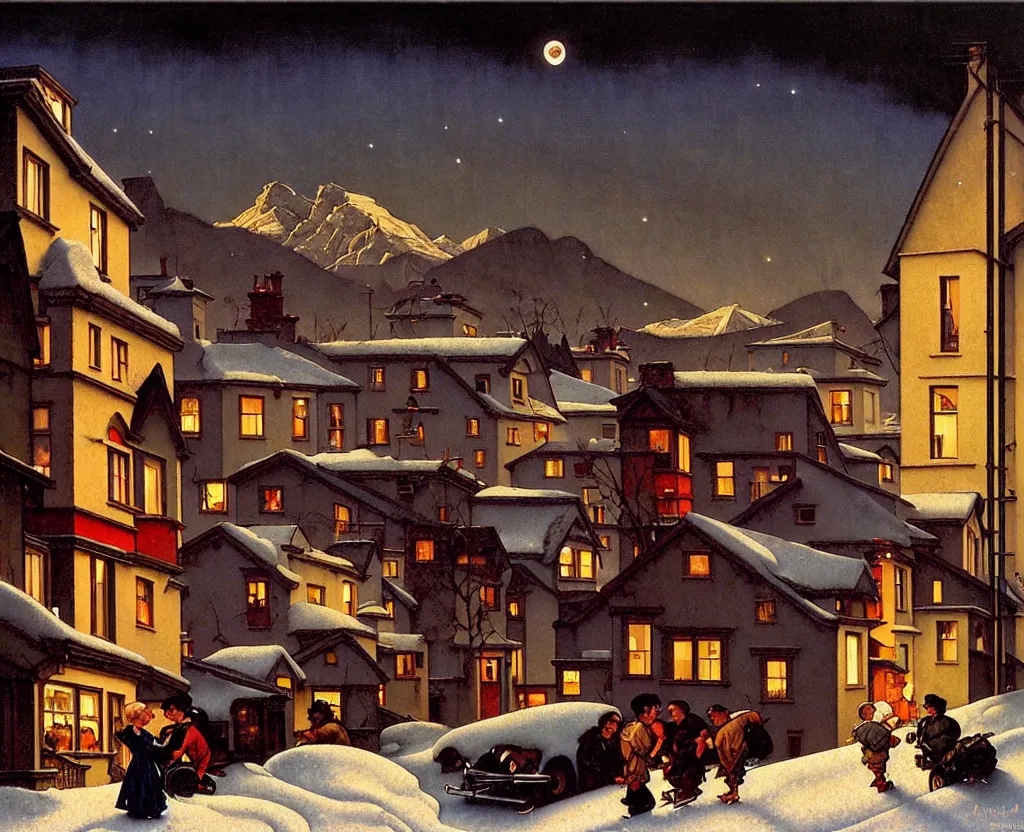 Prompt: in the style of norman rockwell, gerald brom, caravaggio, beautiful small town, houses and buildings, 1 9 5 0 s, evening, lighting in windows, winter, mountains in the distance