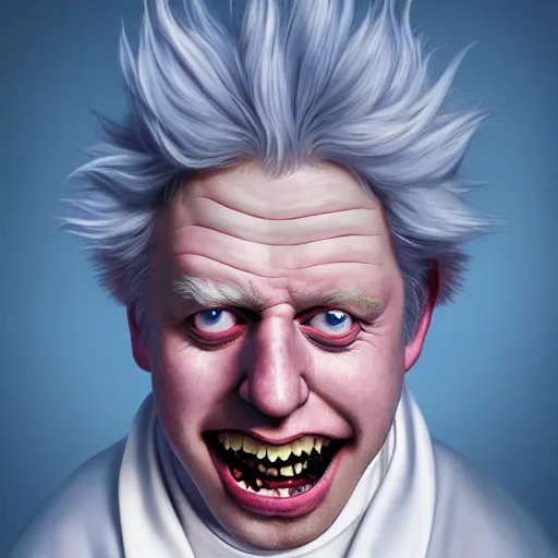 Prompt: Boris Johnson as a kind smiling Rick Sanchez from Rick and Morty, unibrow, white robe, big eyes, realistic cosplay, symmetrical, highly detailed, digital painting, artstation, concept art, smooth, sharp focus, illustration, cinematic lighting, art by artgerm and greg rutkowski and alphonse mucha