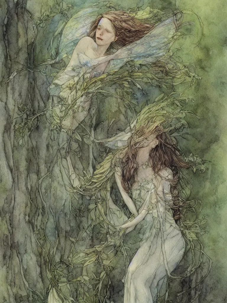 Image similar to study of a flower fairy, illustration, watercolor, alan lee, detailed, pretty, ethereal,