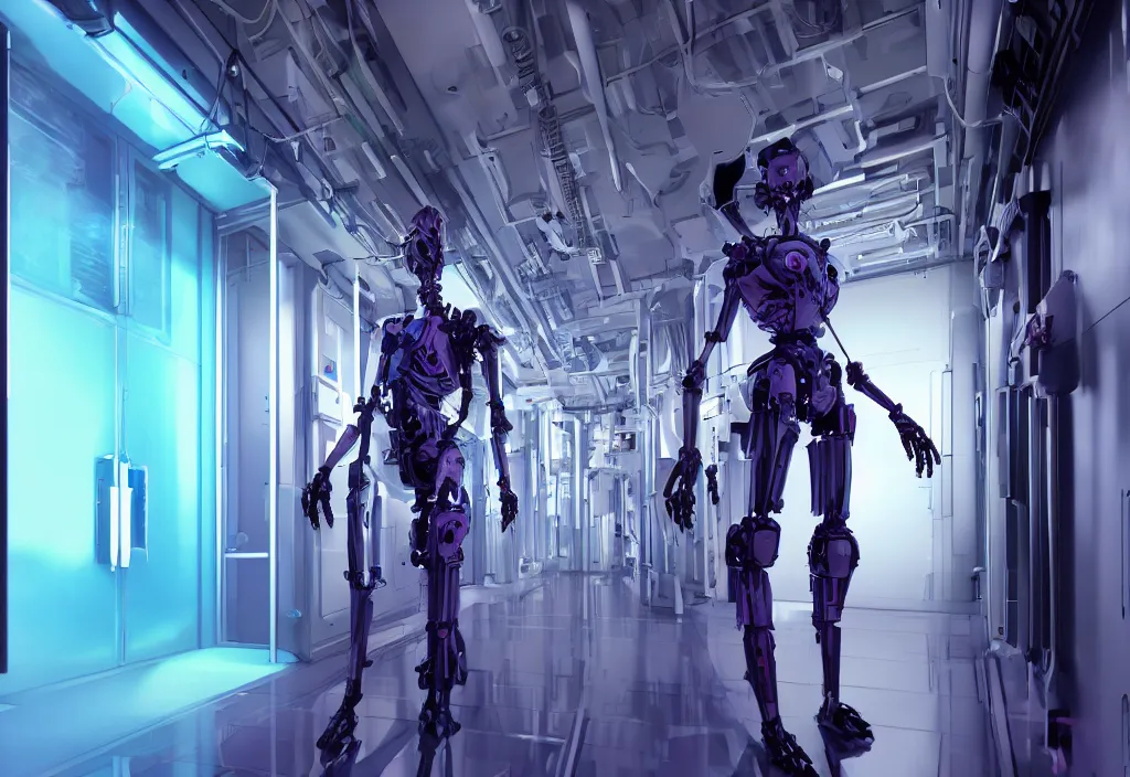 Image similar to shot of film, human like a mech, full body, in detailed server room, in data center, character design, symmetrical, vivid color, complementary color, detailed, sharp lines, trending on artstation, volumetric lighting, dramatic lighting by yoichi hatakenaka, violet, by masamune shirow, by josan gonzales, octane render 8 k