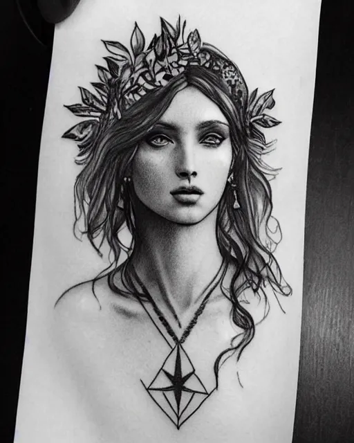 Image similar to tattoo sketch of the beautiful greek goddess aphrodite wearing a laurel wreath with arrowhead earrings, piercing eyes, beautiful flowing hair, hyper realistic face, in the style of greg rutkowski, fantasy, amazing detail, epic, elegant, smooth, sharp focus