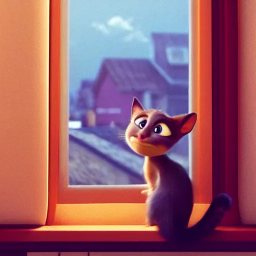 Image similar to a happy cat with big eyes looking for a cup of coffee in beautiful morning at a house window, viewed from outside. Pixar Disney 4K 3d render funny animation movie Oscar winning trending on ArtStation and Behance. Ratatouille style.