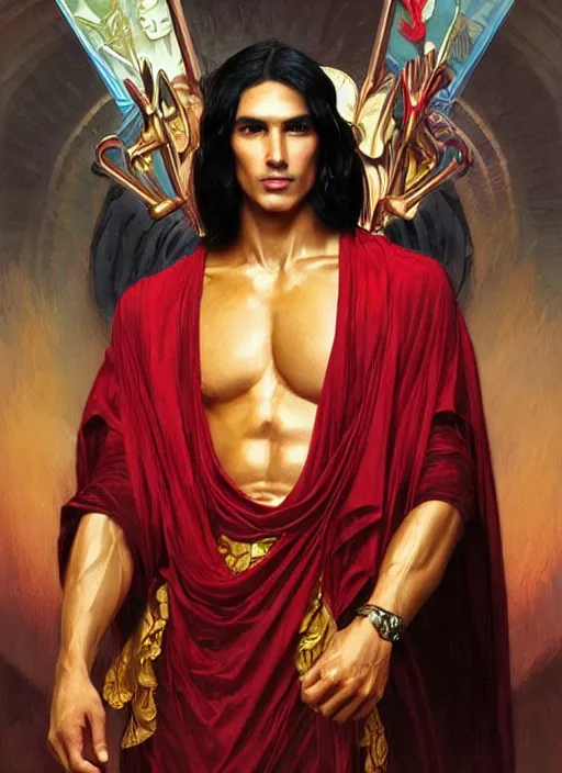 Prompt: a tall muscular man with chiseled features, black hair, and tanned skin. wears royal robes of red and gold and his expression is a witty smirk. he is lightsong the bold, the god of bravery. portrait painting by artgerm and greg rutkowski and alphonse mucha