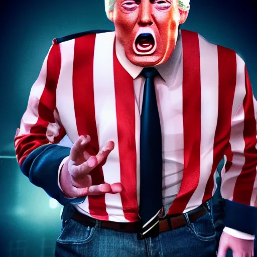 Image similar to Donald Trump with Freddie Krueger body, realistic artstyle, wide shot, dramatic lighting, octane render, hyperrealistic, high quality, highly detailed, HD, beautiful, cinematic, 8k, unreal engine, facial accuracy, symmetrical