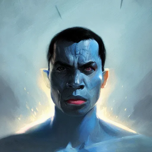 Prompt: A portrait of blue-skinned man, red eyes, black hair with widows peak, angry, dramatic lighting, star wars art, art by greg rutkowski, matte painting, trending on artstation