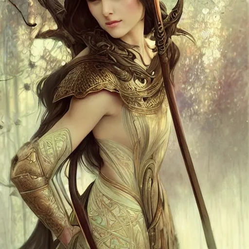 Image similar to a photograpic of elven archers, cute, fantasy, intricate, elegant, centered, wide lens, highly detailed, digital painting, artstation, long shot, photographic, half-body portrait, concept art, smooth, sharp focus, illustration, art by artgerm and H R Giger and alphonse mucha