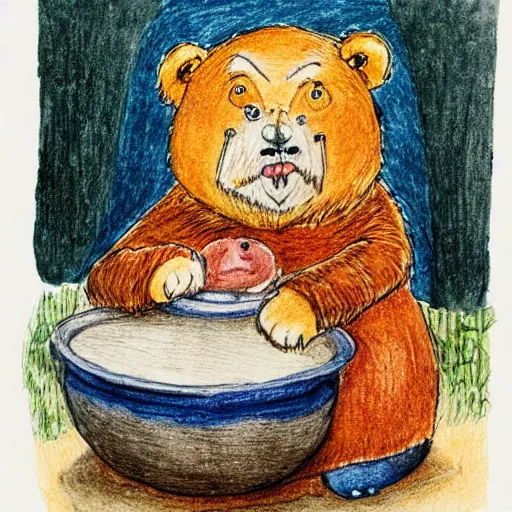 Prompt: a grumpy man dressed in a bear costume, holding a goldfish inside a bowl. watercolour with pencil, in the style of beatrix potter.