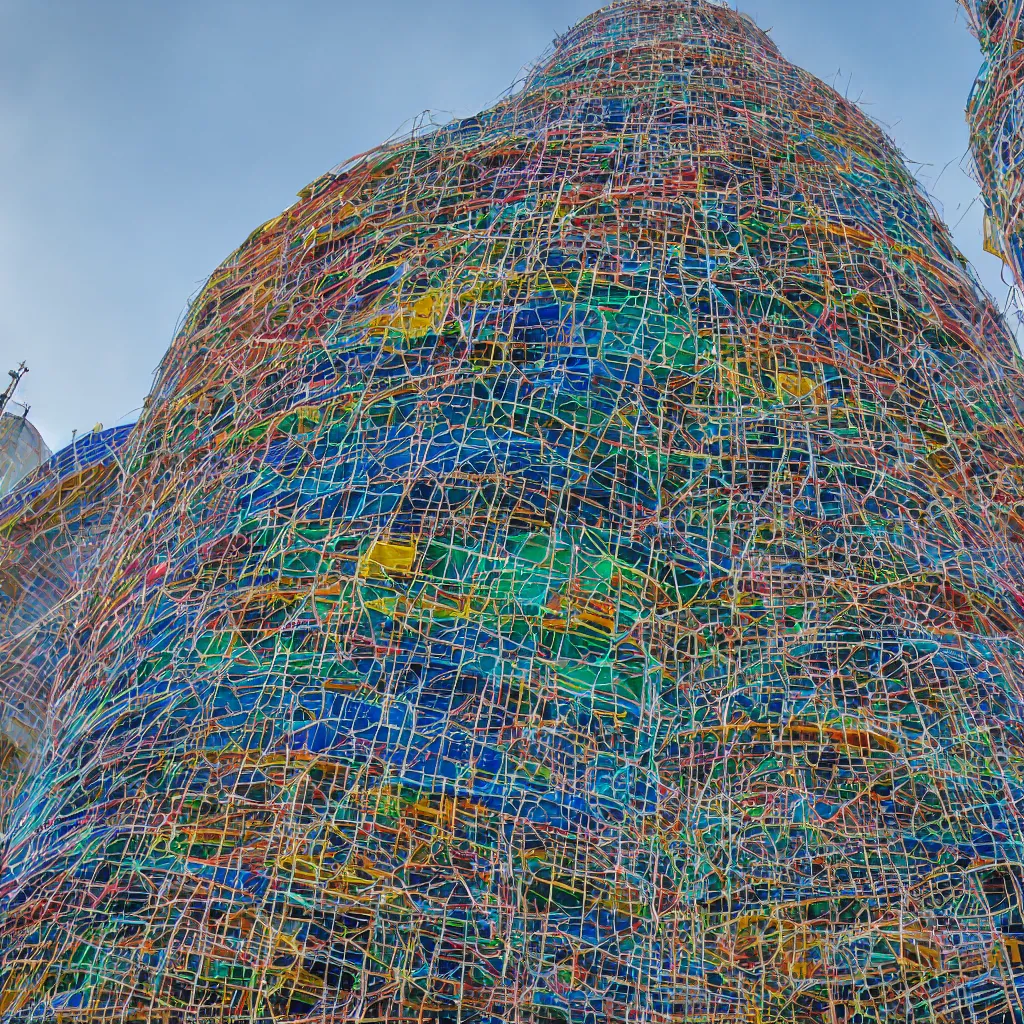 Image similar to a short circular tower, made up of colourful makeshift squatter shacks, vertical blank spaces, dystopia, sony a 7 r 3, f 1 1, fully frontal view, photographed by jeanette hagglund