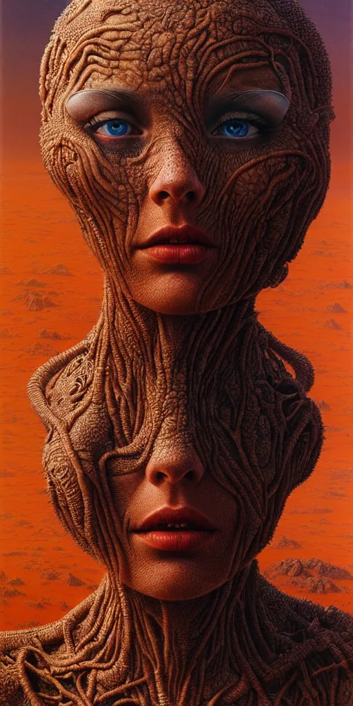 Prompt: ultra realist intricate detailed portrait of a single rugged attractive female on an alien lanscape, insanity, accurate features, apocalyptic, very intricate details, 8 k resolution, dim lighting, artstyle zdzisław beksinski and keith thompson, award winning