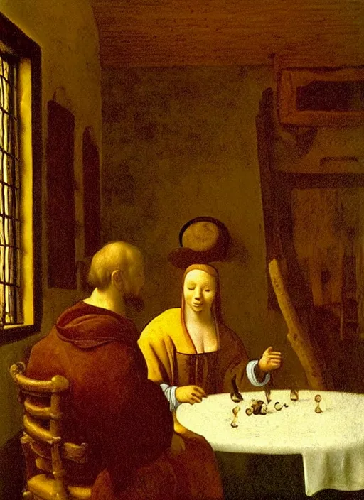 Image similar to a candlelit table at the inn, two people sitting at the table, swirling smoke, dark smoke, realistic, in the style of leonardo da vinci, dutch golden age, amsterdam, medieval painting by jan van eyck, johannes vermeer, florence