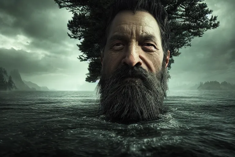 Image similar to an ultra realistic, cinematic headshot portrait, of an evil wizard, background of a vast serene landscape, with trees and rivers, detailed, deep focus, movie still, dramatic lighting, ray tracing, by michal karcz and yoshitaka amano