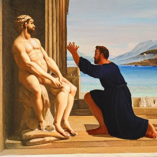 Prompt: thinking man kneeling in front of Aphrodite, painting, greek
