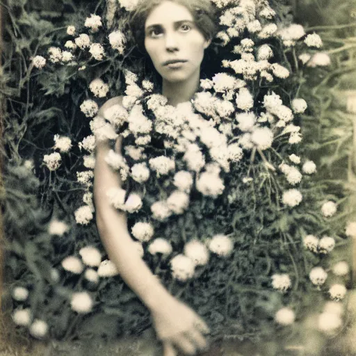 Image similar to portrait of a beautiful woman covered in flowers, Forest, ray gods, 1910 polaroid photography