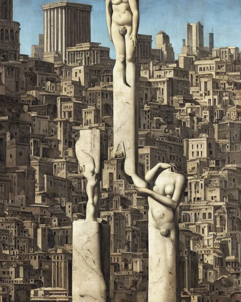 Image similar to an achingly beautiful roman marble sculpture standing alone amid a bustling futuristic metropolis by Giorgio De Chirico.