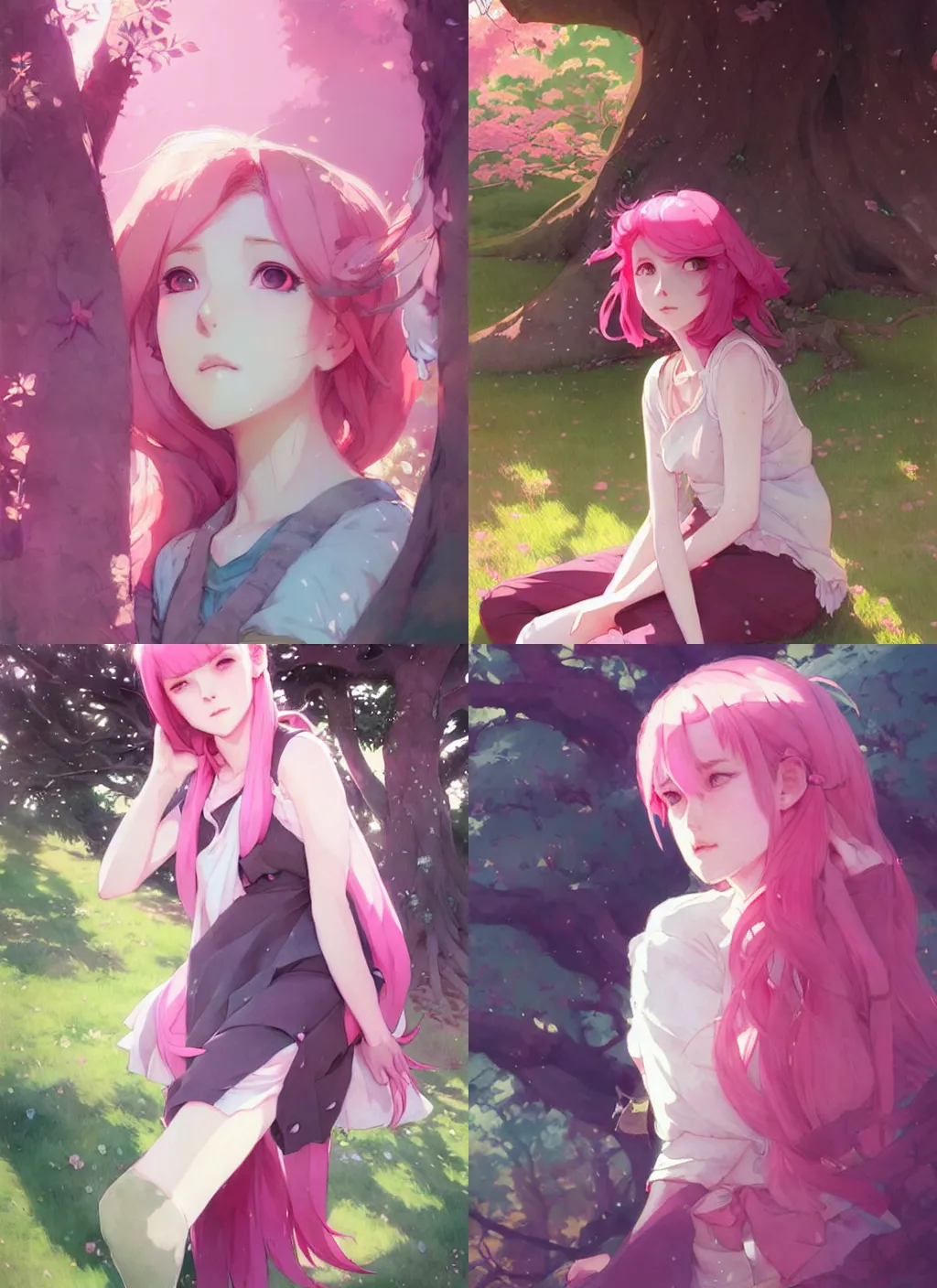 Prompt: portrait of a girl with pink hair rest under the tree, illustration, top lighting, perfect shadow, leaning towards watercolor, art by hidari and krenz cushart and wenjun lin