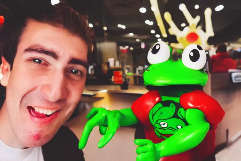 Image similar to I took a selfie with the corporate mascot of fast food chain frog burger, selfie photography, 55mm