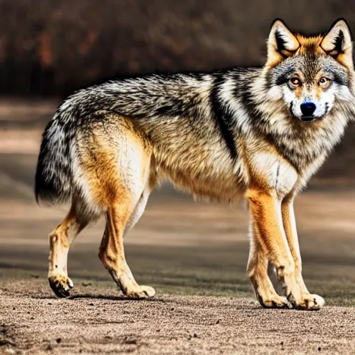 Image similar to professional full - body side profile photograph of a slightly fluffy light tan tibetan wolf with brown accents, hd, 8 k, highly detailed, high quality, cute