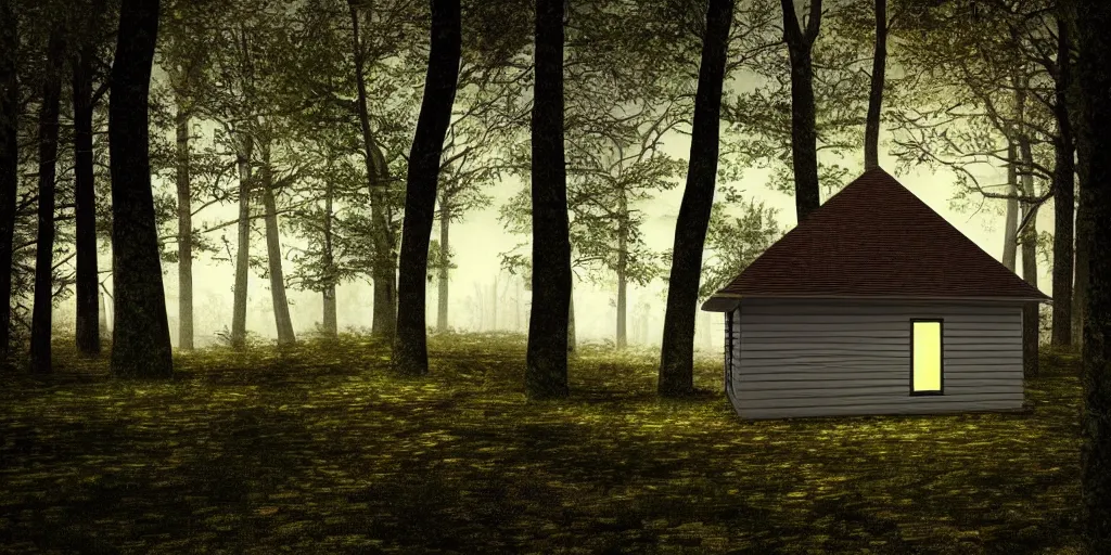 Prompt: a close up of a single cottage in the woods and empty woods, 8k, fantasy, realistic, atmospheric lighting