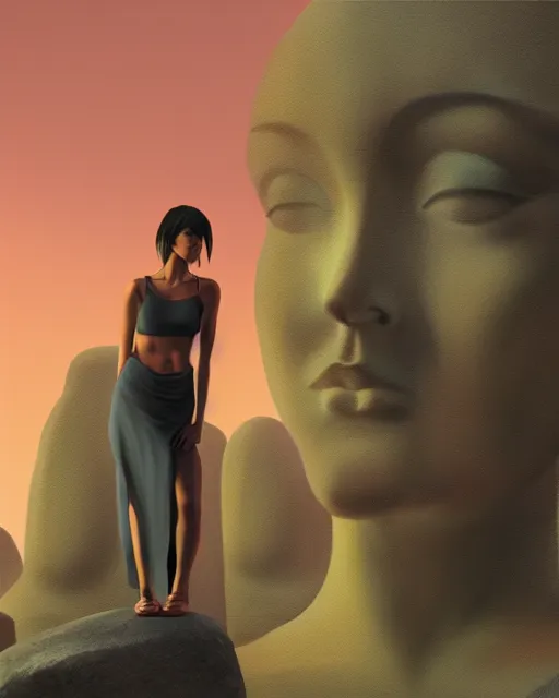 Image similar to a painting of a real woman standing in front of a huge stone statue, a screenshot by stanley twardowicz, cgsociety, aestheticism, aesthetic, vaporwave, anime aesthetic