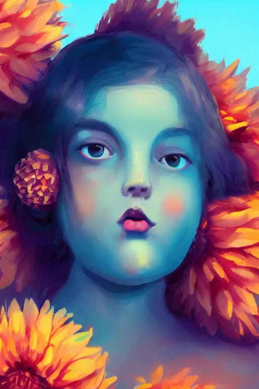 Image similar to closeup girl with huge dahlia flower face, on the beach, surreal photography, blue sky, sunrise, dramatic light, impressionist painting, digital painting, artstation, simon stalenhag