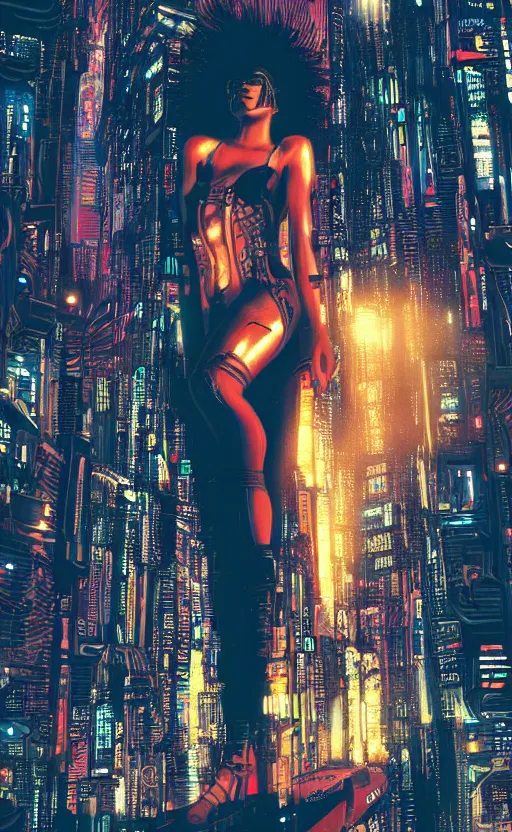 Prompt: a beautiful young Black woman, cyberpunk, Blade Runner city background, highly detailed, artstation, illustration, art by Gustav Klimt, 8K