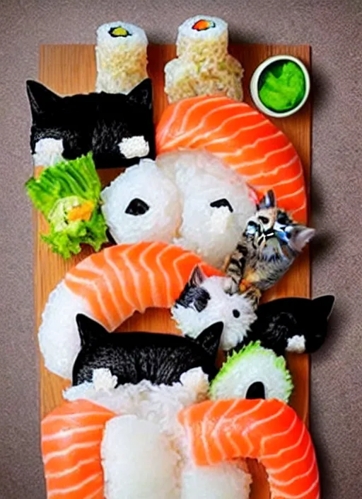 Image similar to clear photorealistic picture of adorable cats made out of sushi