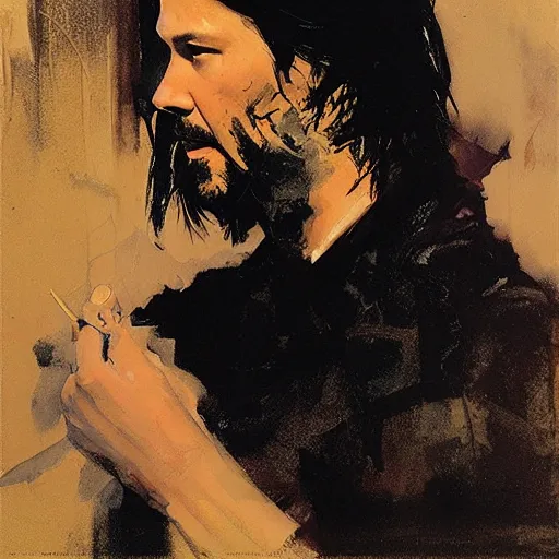 Prompt: keanu reeves, intricate, elegant, highly detailed, greg manchess, mucha, liepke, ruan jia, jeffrey catherine jones, ridley scott