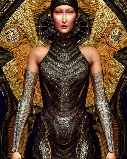 Prompt: a highly detailed metahuman 8 k close up render of bella hadid renaissance in iris van herpen dress in diamonds crystals swarovski and jewelry iridescent in style of gustav klimt on artstation made in unreal engine 4