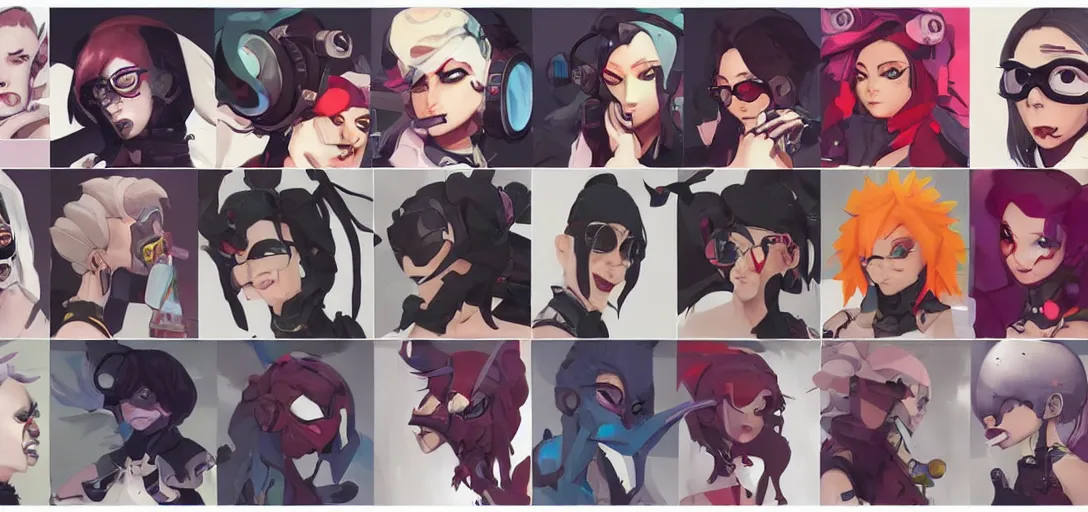 Image similar to concept art of punk female video game characters head designs, loud, intimidating, disgaea, flcl, overwatch, by marc brunet and artgerm