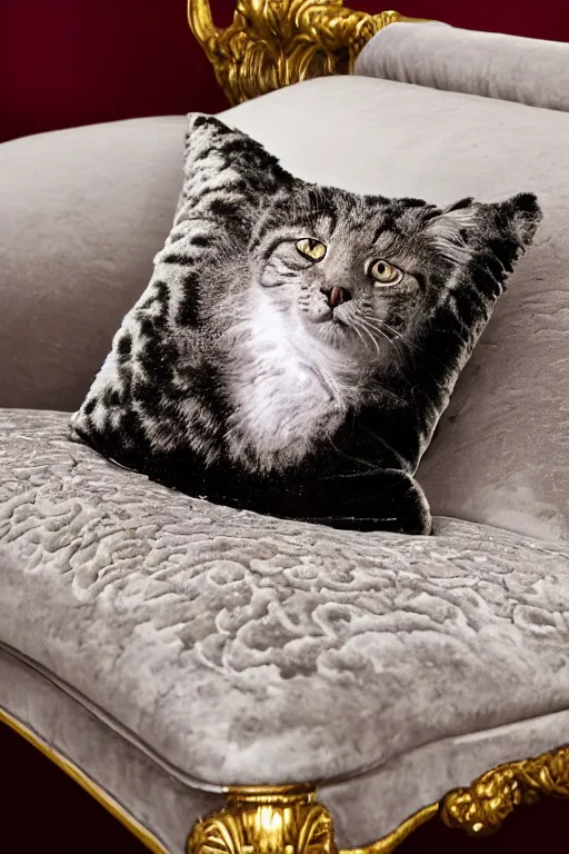 Image similar to a silver gelatin photo portrait of a royal cat, outrageously fluffy, on an embroidered velvet cushion on a neo - rococo gilded little bed, by david lachapelle, photorealistic, photography, wide shot