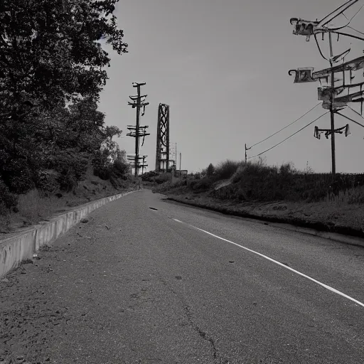 Prompt: a road next to warehouses, and a hill behind it with a radio tower on top, 9 0's camera filter, red tint