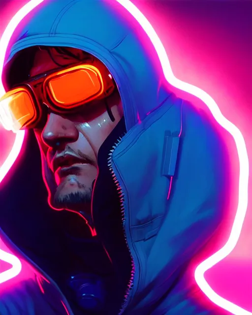 Prompt: cyberpunk synth, photographic, hyper - realistic detailed portrait of a man in a hoodie, with neon visor, dynamic pose, by atey ghailan, by greg rutkowski, by greg tocchini, by james gilleard, by joe fenton, by kaethe butcher, sharp focus