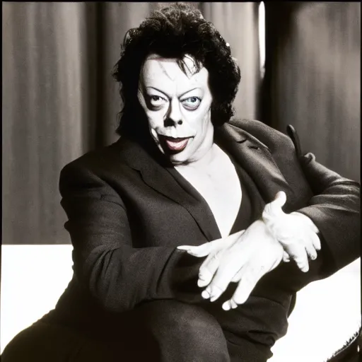 Prompt: Tim Curry slyly posing for the camera