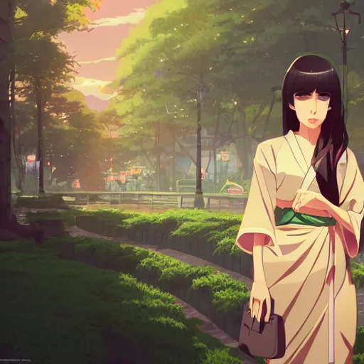 Prompt: a beautiful woman with long dark brown hair and tan skin, green eyes wearing a kimono, city landscape, 4k, anime key visual, lois van baarle, ilya kuvshinov, rossdraws, artstation