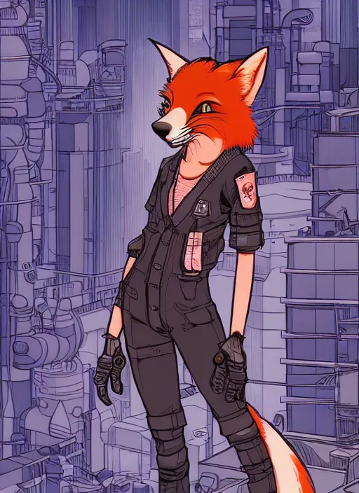 Image similar to commission of a beautiful illustration of a female anthro fox fursona wearing mechanic clothes in a industrial cyberpunk city. character design by Kinoshita Jiroh, Hyaku. Detailed, inked, manga cover