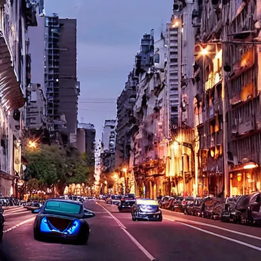 Image similar to Buenos Aires Argentina, futuristic cars in the street, holograms in the street, detailed, hd