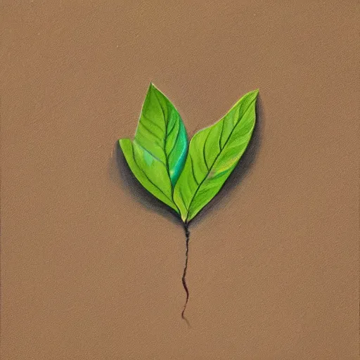 Image similar to detailed painting of a single small seedling on loose fresh earth, reveal its first leaf coming out of the seed. muted colors and natural tones.