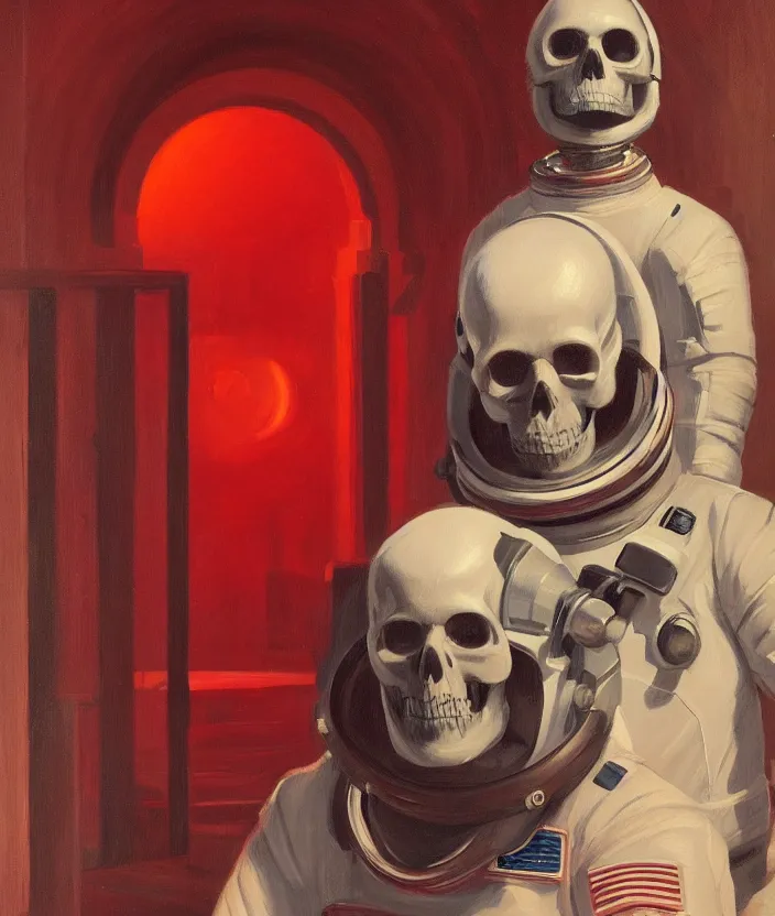 Image similar to a portrait of an astronaut with a skull head standing in front of the entrance to ethereal realm, cinematic and highly detailed oil painting by josep tapiro baro and edward hopper, trending on artstation, oil painting masterpiece, symmetry, mysterious, very aesthetic, cinematic and dramatic red light, 4 k,