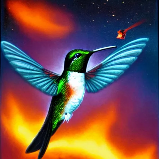 Image similar to hummingbird on fire in space