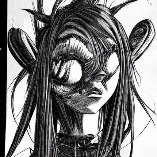 Image similar to beautiful anime girl, punch the chair monster, inspired by h. r. giger in, anime style