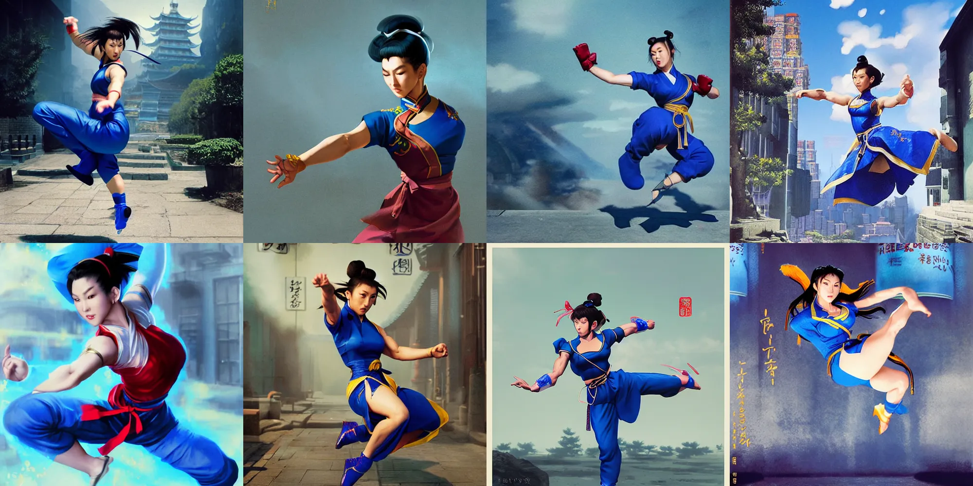 Prompt: chun - li, in a blue qipao, standing, doing a kick, street fighter, matte painting by akira yasuda and greg rutkowski