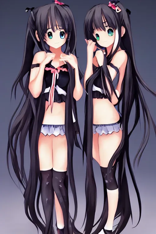 Prompt: two beautiful female idols with twintails standing chest to chest, dark background, soft anime art