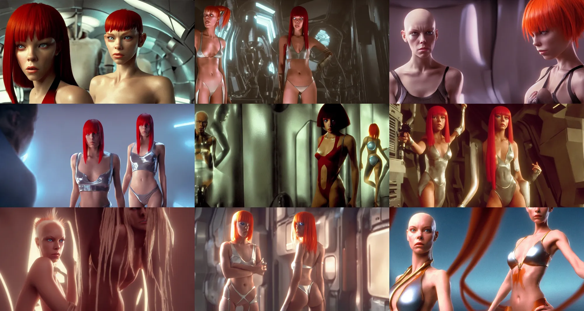Prompt: movie still from the fifth element, body portrait of madison beer : : 1 0 as brunette leeloo : : 8 pearlescent, sweaty : : 7 by greg rutkowski, wlop : : 6 octane render : : 3