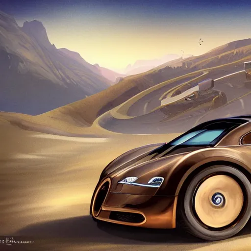 Image similar to epic portrait bugatti cars in cool roads, desert, shiny car, sunny weather, digital painting, artstation, concept art, soft light, hdri, smooth, sharp focus, illustration, fantasy, intricate, elegant, highly detailed, D&D, matte painting, in the style of Greg Rutkowski and Alphonse Mucha and artemisia, 8k, highly detailed, jurgens, rutkowski, bouguereau, pastoral, rustic, georgic, detailed concept art, illustration, colorful pastel, painting, detail, ultra detailed, digital art, 4K,