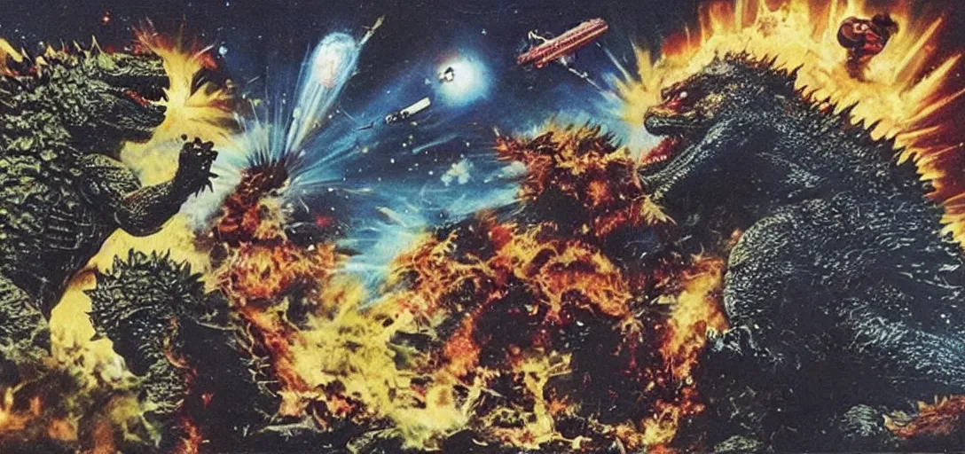 Image similar to 2pac fighting godzilla in space
