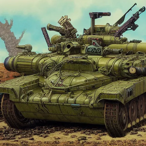 Prompt: detailed photorealistic matte painting of a Metal Slug tank by masamune shirow and geof darrow and jean girard moebius trending on artstation