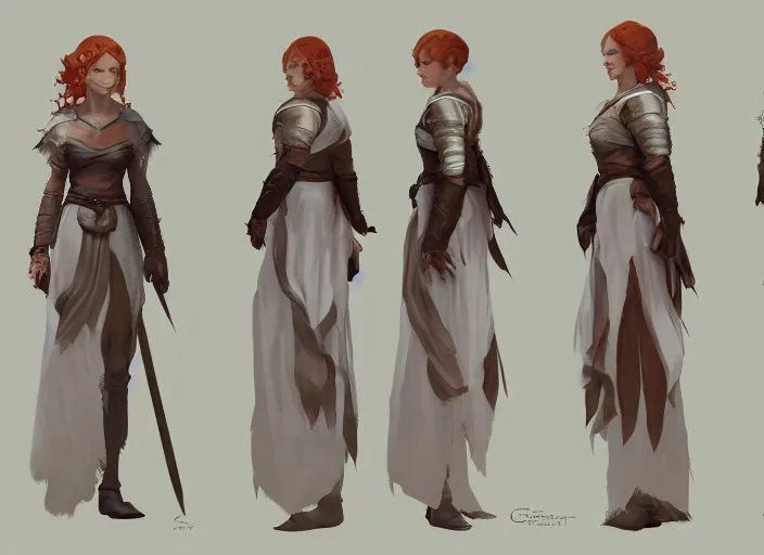 Image similar to character sheet for a ginger woman, mage, light white clothes, for dragon age by greg rutkowski, by studio ghibli, digital art, trending on artstation, hd, 8 k, highly detailed, good lighting, beautiful, masterpiece