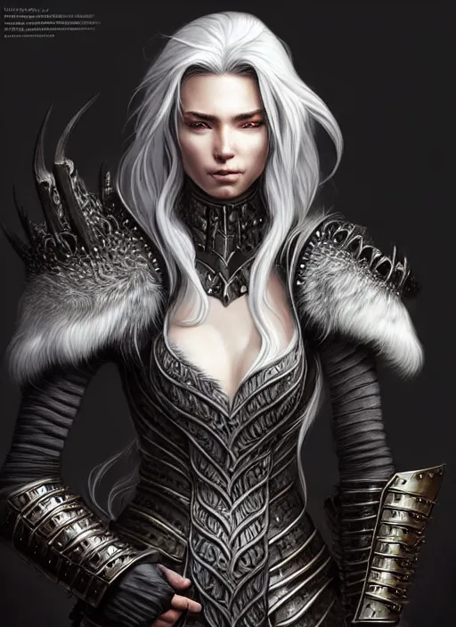 Image similar to fur leather armor!!! long wild white hair!! covered chest!!! fantasy, d & d, intricate ornate details, symmetry, concept art, sharp focus, illustration, art by artgerm! greg rutkowski magali villeneuve wlop! ilya kuvshinov!!, octane render, unreal engine 5, highly rendered!!